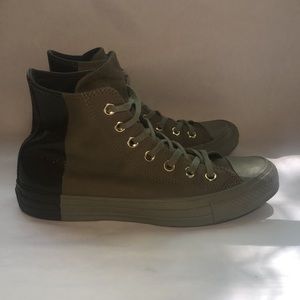 Olive green leather hi tops with golden eyelets